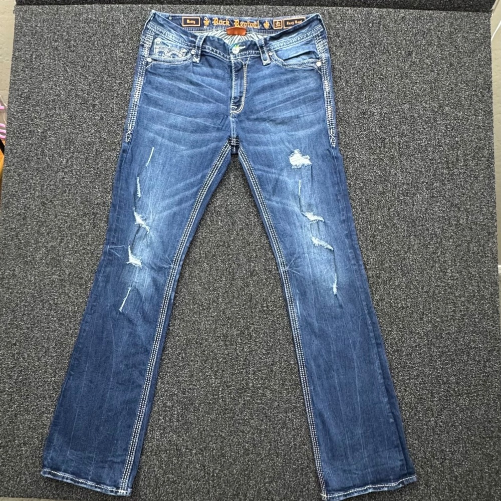 Rock Revival Betty Easy Boot Distressed Jeans Women sz 32 Blue Excellent